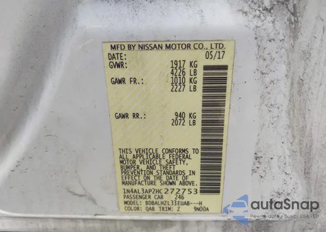 2017 Nissan Altima 2.5 Sr из США, поврежденный, VIN 1N4AL3AP2HC272753